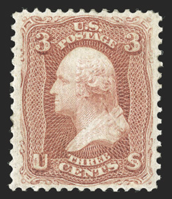 94, 3c Red, F grill, impressive mint example, possessing uncharacteristically large and marvelously well balanced margins all around, considerably deeper color than usual,
uniformly even and intact perforations, full o.g., relatively lightly h