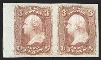 94b, 3c Red, F grill, imperforate, a most impressive left sheet-margin pair, other margins large and symmetrical, rich bright color, o.g., lightly hinged, extremely fine a
marvelously choice example of this rare imperforate 1991 PF certifica