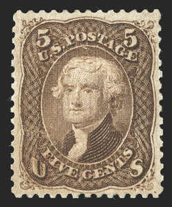 95, 5c Brown, F grill, phenomenally well centered within the largest margins we have ever seen on a mint example of this value, incredibly fresh overall, with spectacularly
intense and deep luxuriant color, even its impression is out of the or