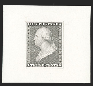 11-E8c, Draper, Welsh & Co. 3c Black essay on glazed ivory paper, 45x40mm, exceptionally bright and fresh, very fine.