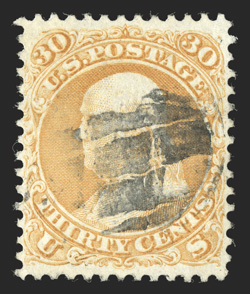 100, 30c Orange, F grill, select used example of this very scarce and challenging stamp to find in true premium condition, possessing outstanding centering within large margins
(with its perforations essentially clearing the design all around)