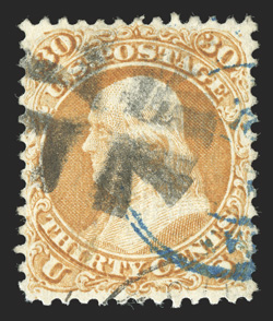 100, 30c Orange, F grill, another select used example of this scarce stamp, with rich luxuriant color in a much deeper shade than typically encountered, uncommonly well
centered, black crossroads and blue c.d.s. postmarks, extremely fine 1988