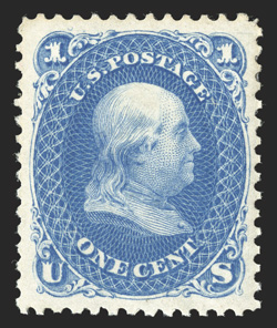 102, 1c Blue re-issue, extraordinarily well centered amid lavishly large margins, beautiful vibrant color and a sharp impression on bright white paper, o.g., lightly hinged,
extremely fine an exceedingly choice example of this scarce re-issue