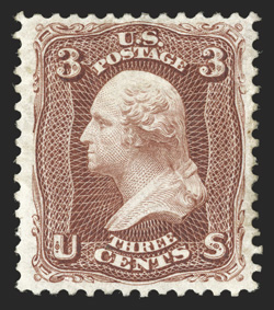 104, 3c Brown red re-issue, nicely centered and margined, lovely rich color and a crisp impression, o.g., very fine only 465 sold 1988 PF certificate.