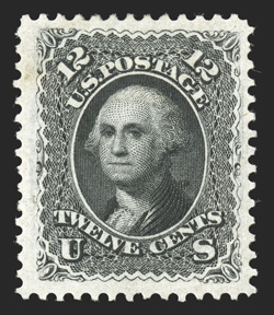 107, 12c Black re-issue, attractively centered within large margins, deep color and impression on fresh paper, o.g., very fine only 389 sold 1990 PF
certificate.