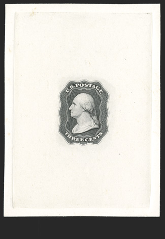 11-E12a, Danforth, Bald & Co. 3c Black essay on India, die sunk on 61x83mm card with full die sinkage, especially deep shade and a highly detailed impression, extremely fine and
choice particularly desirable in this large size ex-Lake Shore