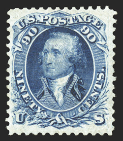 111, 90c Blue re-issue, intense prooflike color and impression on pristine white paper, well centered and margined, o.g., lightly hinged, a very fine and choice example of this
high value re-issue rarity only 317 sold 1966 and 1991 PF certific