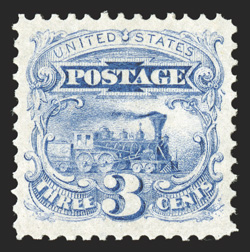 114, 3c Ultramarine, exceedingly well centered within extravagantly large margins, remarkably bright and fresh, o.g., barest trace of hinging, extremely fine 1986 and 1991 PF
certificates.