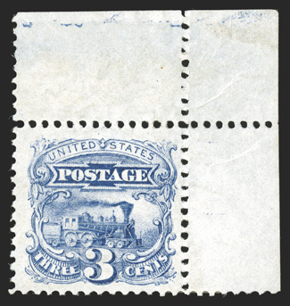 114a, 3c Ultramarine, without grill, a magnificent mint example of this very rare variety, being a top right corner sheet-margin single, not only is this gem extraordinarily
well centered within lavishly large margins, but it also displays a rem