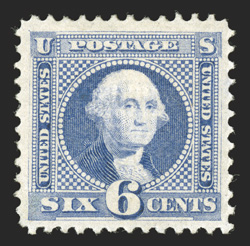 115, 6c Ultramarine, wonderfully well centered within uncommonly large margins, rich bright color on crisp white paper, full clean o.g., very lightly hinged, extremely fine a
highly desirable example of the most difficult value of all the 1869