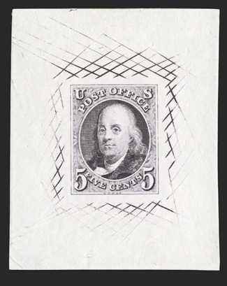 1TC1-2TC1, 5c and 10c 1847 Issue trial color proofs in Violet on India, 43x55mm and 44x56mm respectively, with full cross-hatching, bright colors, shallow thins, 10c with small
light stain at bottom, very fine appearance.