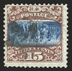 119b, 15c Brown and blue, Ty. II, Center Inverted, a handsome and quite desirable used single of this rarity that is one of less than 100 recorded examples, reasonably well
centered, especially when compared to most other copies, deeply rich