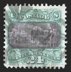 120, 24c Green and violet, a most attractive used example that features excellent centering within particularly large margins, brilliantly fresh color, light circle of Vs
cancel, extremely fine a lovely used Twenty Four Cent 1869 Pictorial 1