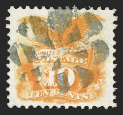 127, 10c Yellow re-issue, a most impressive used example, not only because it it extraordinarily well centered within lavish margins, but it is also one of the few copies of
the Ten Cent Re-issue to possess a fancy cancel, being a circle of pe