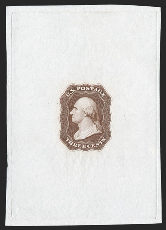 11-E12a, Danforth, Bald & Co. 3c Brown essay on India, 57x82mm off card with full die sinkage, fresh and very fine 1992 PF certificate.