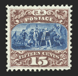 129, 15c Brown and blue re-issue, Ty. III, well centered and margined, deep luxuriant colors and razor-sharp impressions, part o.g., choice very fine only 1,981 sold 1986 PF
certificate.