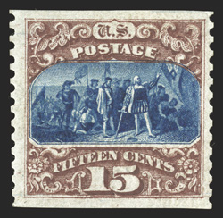 129a, 15c Brown and blue re-issue, Ty. III, imperforate horizontally, a marvelous mint example of this immensely rare variety, possessing outstanding centering within
exceedingly wide margins, beautiful rich colors and highly detailed impression