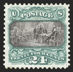 130, 24c Green and violet re-issue, well centered, strong rich colors on fresh paper, o.g., lightly hinged, very fine and choice only 2,091 sold 1987 PF
certificate.