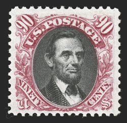132, 90c Carmine and black re-issue, gorgeous vivid colors on pristine paper, large margins, o.g., lightly hinged, very fine only 1,356 sold 1989 PF
certificate.