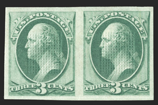 136b, 3c Green with grill, imperforate, horizontal pair, large balanced margins all around, bright fresh color, full o.g., small h.r., faint horizontal crease in the bottom
margin, otherwise extremely fine 1989 PF certificate.