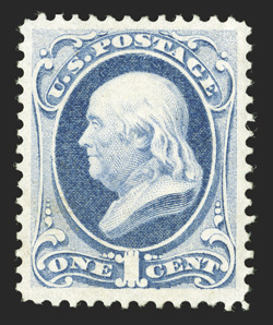 145, 1c Ultramarine, especially well centered within uncommonly large margins, brilliantly rich color rich color, full o.g., relatively lightly hinged, extremely fine a
surprisingly elusive mint stamp, particularly in this premium condition 19