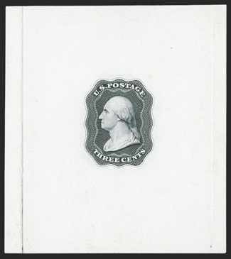 11-E12d, Danforth, Bald & Co., 3c Black essay on glazed ivory paper, 64x72mm, small tear at bottom left due to the heavy impression on the die sunk score line, very
fine.