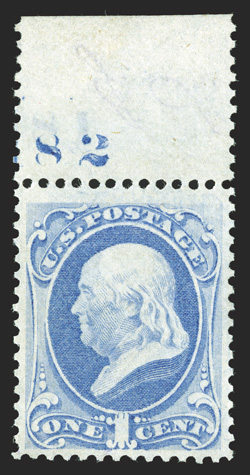 145, 1c Ultramarine, interesting top sheet margin single with plate no. (1)82, showing a full offset on reverse bright color, well centered, very fine, o.g., just the barest
trace of hinging (if any), very fine 1986 PF certificate.