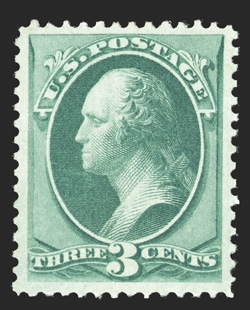 147, 3c Green, a pristine post office fresh mint example, featuring exceptional overall physical characteristics, including being marvelously well centered within very large
margins, prooflike color and impression on immaculate paper, unblemis