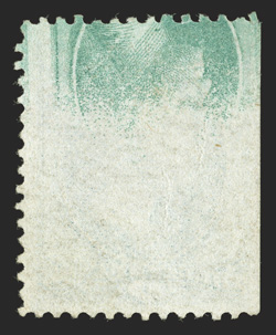 147a, 3c Green, printed on both sides, with the reverse printed inverted in relation to the front, with a partial but unusually clear impression on the reverse, natural
straight-edge at left, fine an important Bank Note error rarity, with onl