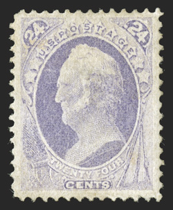 153, 24c Purple, outstanding centering amid exceedingly large margins, strong rich color, o.g., relatively lightly hinged, extremely fine a marvelously choice example of this
Bank Note stamp that is rarely found in this gem original gum conditi
