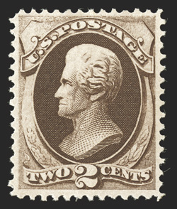 157, 2c Brown, an impressive post office fresh mint single, possessing deep luxurious color and a strong impression, exceedingly well centered, full clean o.g. which is never
hinged, extremely fine the Scott catalog value is irrelevant on