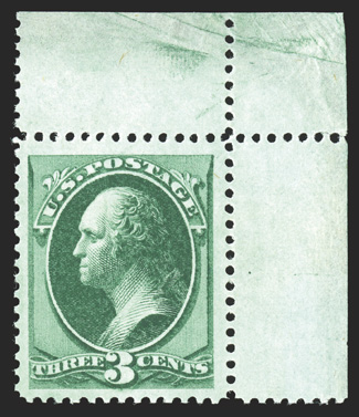 158, 3c Green, striking top right corner sheet-margin single, extraordinarily well centered within especially large margins, rich luxuriant color and a well incised impression,
o.g., barest trace of hinging, extremely fine 1990 PF certificate (