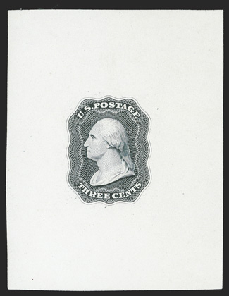 11-E12d, Danforth, Bald & Co., 3c Black essay on glazed ivory paper, another example of this scarce essay, measuring 52x67mm, fresh and very fine.