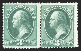 158e, 3c Green, with J grill, horizontal pair, with the right stamp displaying the end roller grill, deep intense color, o.g., h.r., fine a most elusive and undervalued
variety, it is especially rare and desirable in this se-tenant format