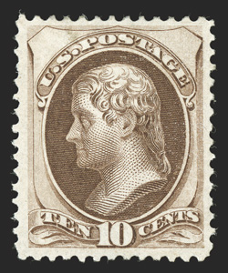 161, 10c Brown, exceptionally well centered and margined, rich color, o.g., lightly hinged, faint soiled spot at top, otherwise extremely fine clear 1989 PF
certificate.