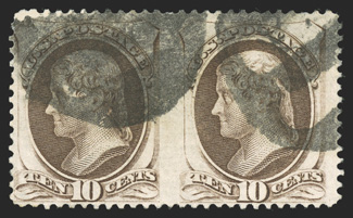 161d, 10c Brown, horizontal pair, imperforate between, attractive color, small corner crease at bottom left, fine this is one of the rarest of all the Bank Note errors, with
only two examples having been recorded, the current Scott catalog