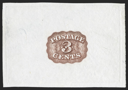 11-E15a, Bald, Cousland & Co. 3c Red brown essay on India, 78x53mm off card with full die sinkage, fresh and very fine 1992 PF certificate.