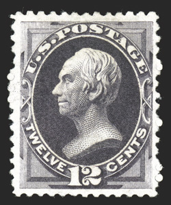 173, 12c Dark violet special printing, without gum as issued, a remarkably fresh and choice example of this rare stamp, featuring completely intact perforations all around
without the usual scissor separations, rich luxuriant color, well centere
