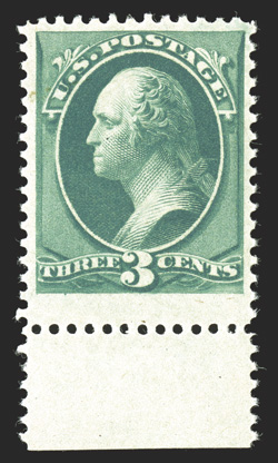 184, 3c Green, bottom sheet-margin single, strong rich color, large margins, o.g., n.h., very fine 1988 PF certificate.