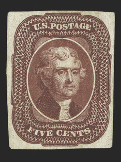 12TC5, 5c Deep red brown trial color plate proof on wove paper, a lovely example of this rare and desirable trial color proof, being in a color that is approaching the issued
color, brilliantly fresh, sumptuously rich color and impression, four