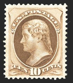 188 var., 10c Yellow brown, with secret mark, a gorgeous appearing mint example of this rare and highly distinctive shade variety, being the only certified example of this
stamp we have ever seen, possessing lovely rich color in a shade unli