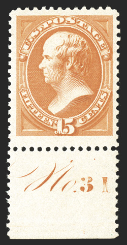 189, 15c Red orange, a spectacular quality bottom sheet-margin plate No. 31 single, possessing sensational freshness, with eye-arresting color and impression on bright paper,
but just as impressive are this stamps huge balanced margins, immac