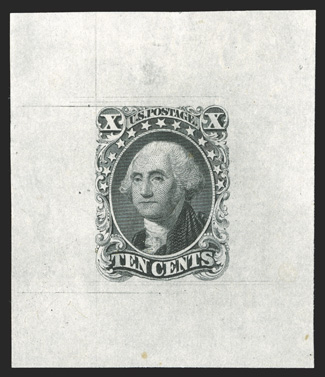 13TC1, 10c Black, large die trial color proof on India, 42x49mm, showing the layout lines from the die, well incised impression, very fine a handsome example of this enormously
rare trial color proof of the 1851 Issue 2006 PF certificate.