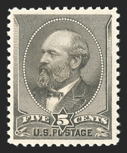 205, 5c Yellow brown, exceptionally well centered within large margins, strong color and impression, o.g., n.h., extremely fine 1996 and 2003 PF certificates, as well as a 2005
PSE certificate (VF-XF 85 SMQ $1,350.00) ex-Hoffman.