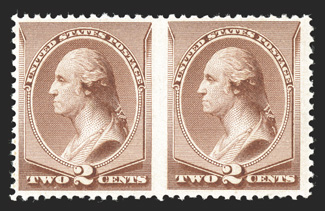 211Bc, 2c Pale red brown special printing, horizontal pair, imperforate between, an especially choice example of this rare classic error, well centered, remarkably fresh and
with deep luxuriant color, full o.g. that has been lightly hinged only