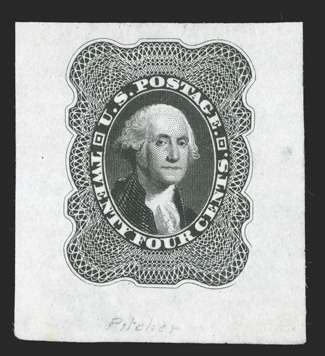 37-E1, 24c Black die essay on India, with light pencil Pitcher at bottom, which is also found on some of the 10c essays, 29x33mm, quite fresh, trivial thin spot in the far right
margin, very fine an enormously rare essay, in fact Brazer (52E