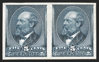 216b, 5c Indigo, imperforate horizontal pair, full margins all around, intensely rich color, o.g., never hinged, trivial light fingerprint on gum, very fine and rare 1980 PF
certificate.