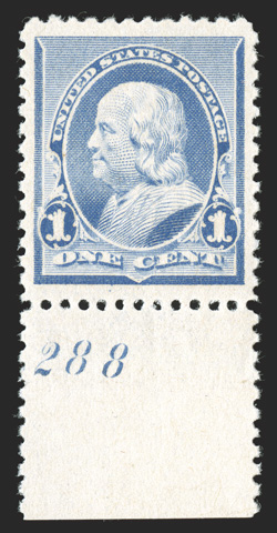219, 1c Dull blue, handsome bottom margin plate no. 288 single, extraordinarily well centered within especially large margins, bright and fresh, o.g., n.h., extremely fine 1986
PF certificate for the strip of six from which this came.