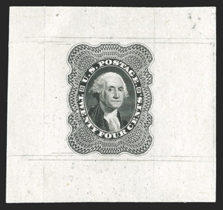 37TC1, 24c Washington, large die trial color proof in Black on India, 46x43mm on card, showing layout lines from the die, very fine this striking trial color proof is quite
likely unique, as it was not listed in Scott until 1999, when this