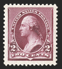 219D, 2c Lake, an extraordinary quality mint example of this truly scarce and difficult stamp, boasting several impressive physical attributes, including being exceptionally
well centered amid incredibly huge margins, the size of which is almost